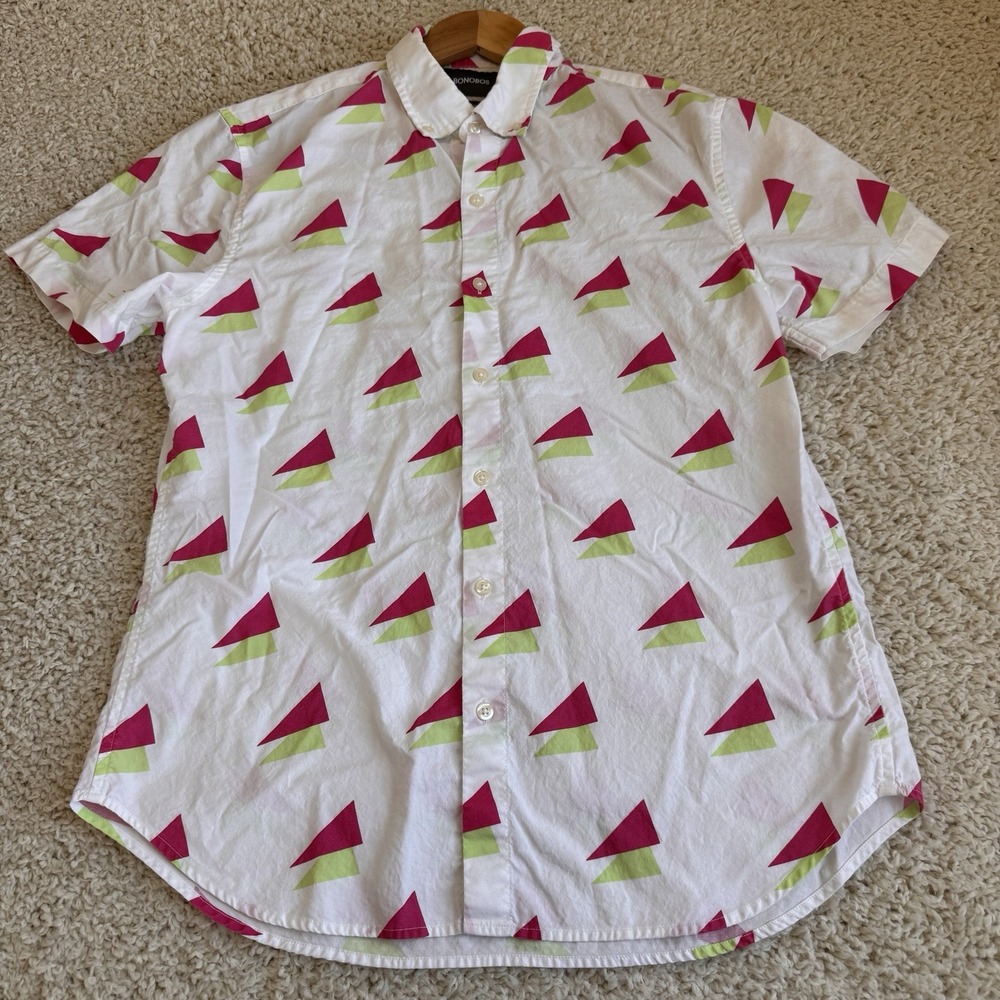 Bonobos Button Down Shirt Mens Medium White Pink Green Slim Geometric Triangle